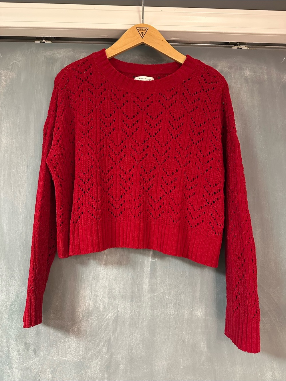 American Eagle Outfitters Red Open-Knit Crewneck Sweater
